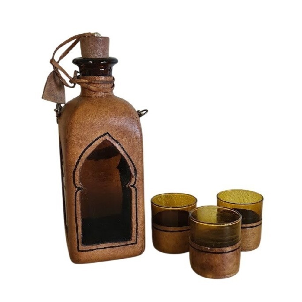 Vintage Leather Wrapped Amber Glass Decanter and 3 Shot Glasses Barware Set